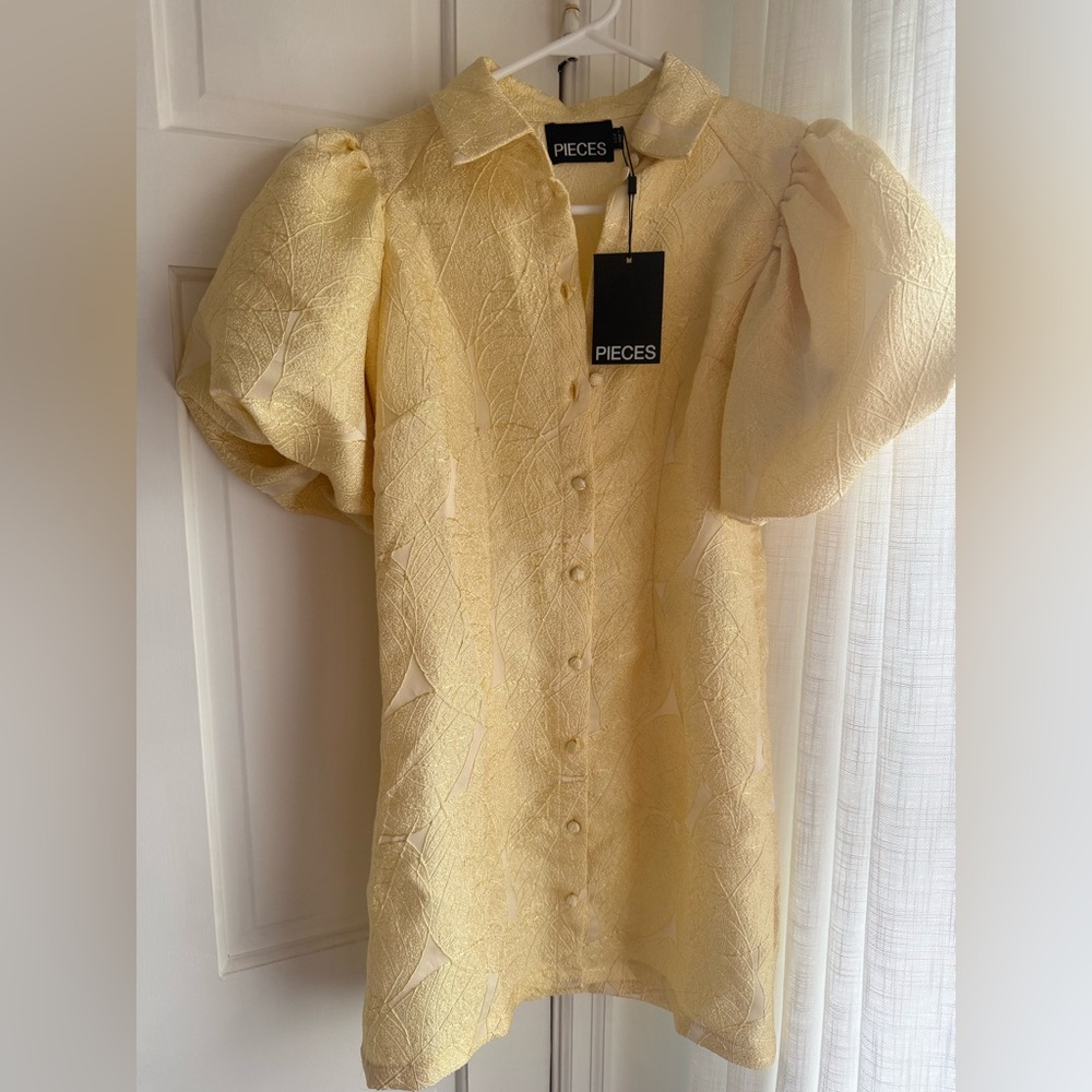 NWT PIECES / ASOS Gold & Yellow Mini Puff Sleeve Dress w/ Gold Leaf Detailing